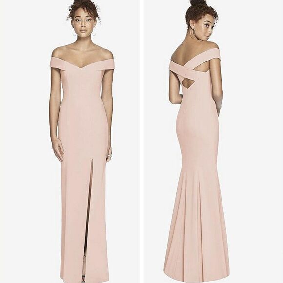 Dessy Collection Off the Shoulder Criss Cross Trumpet Dress Cameo Pink Size 4 - Picture 1 of 8